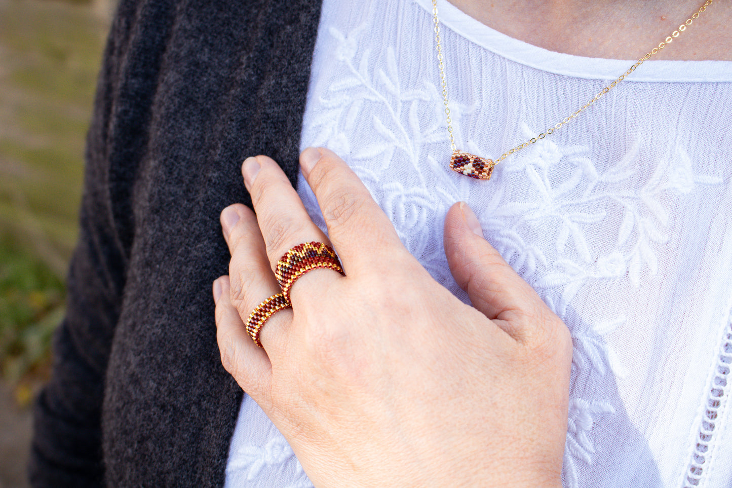 Miyuki Delica Ring – Gold/Yellow with Burgundy and Purple