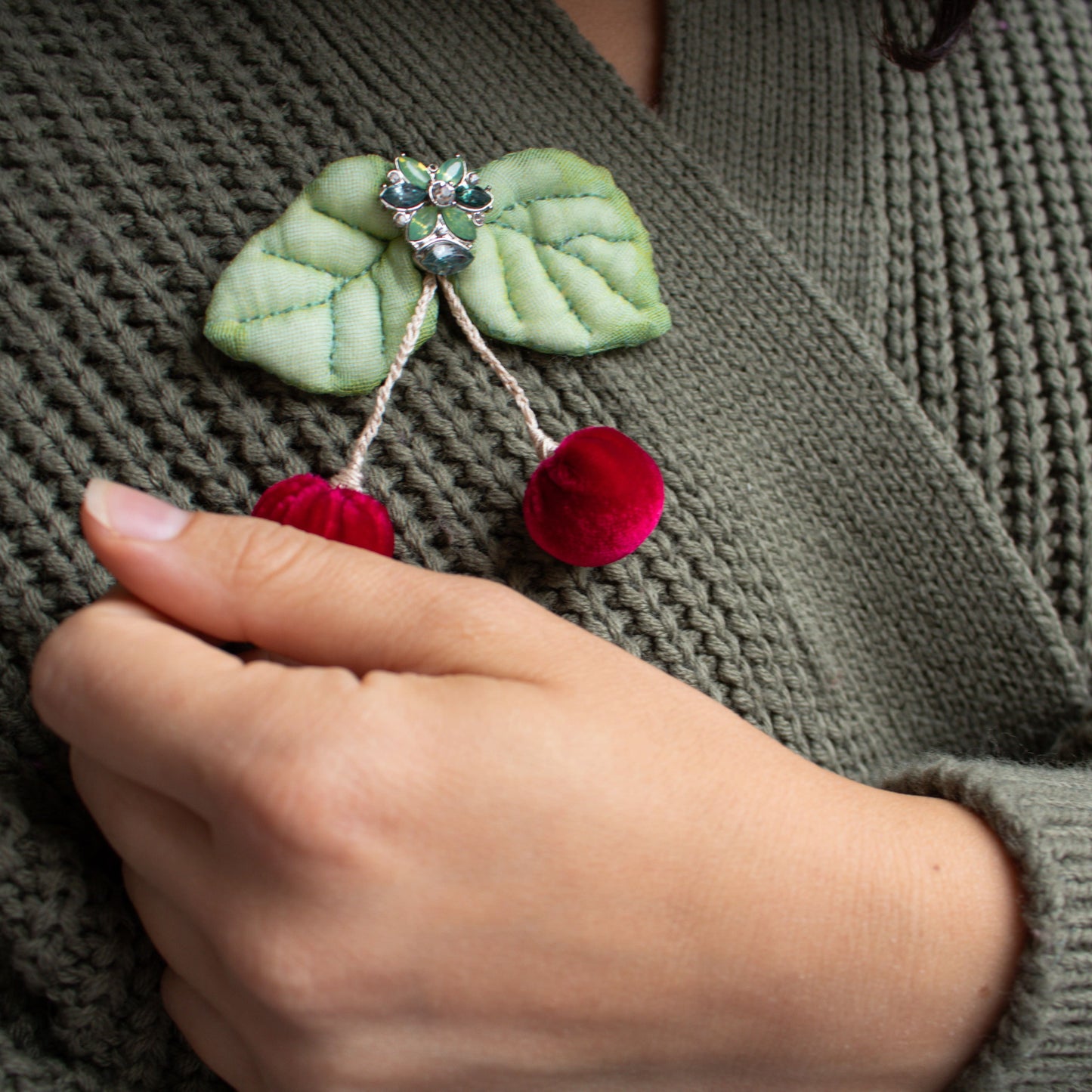 Cherry Velvet Brooch — Handmade Elegance