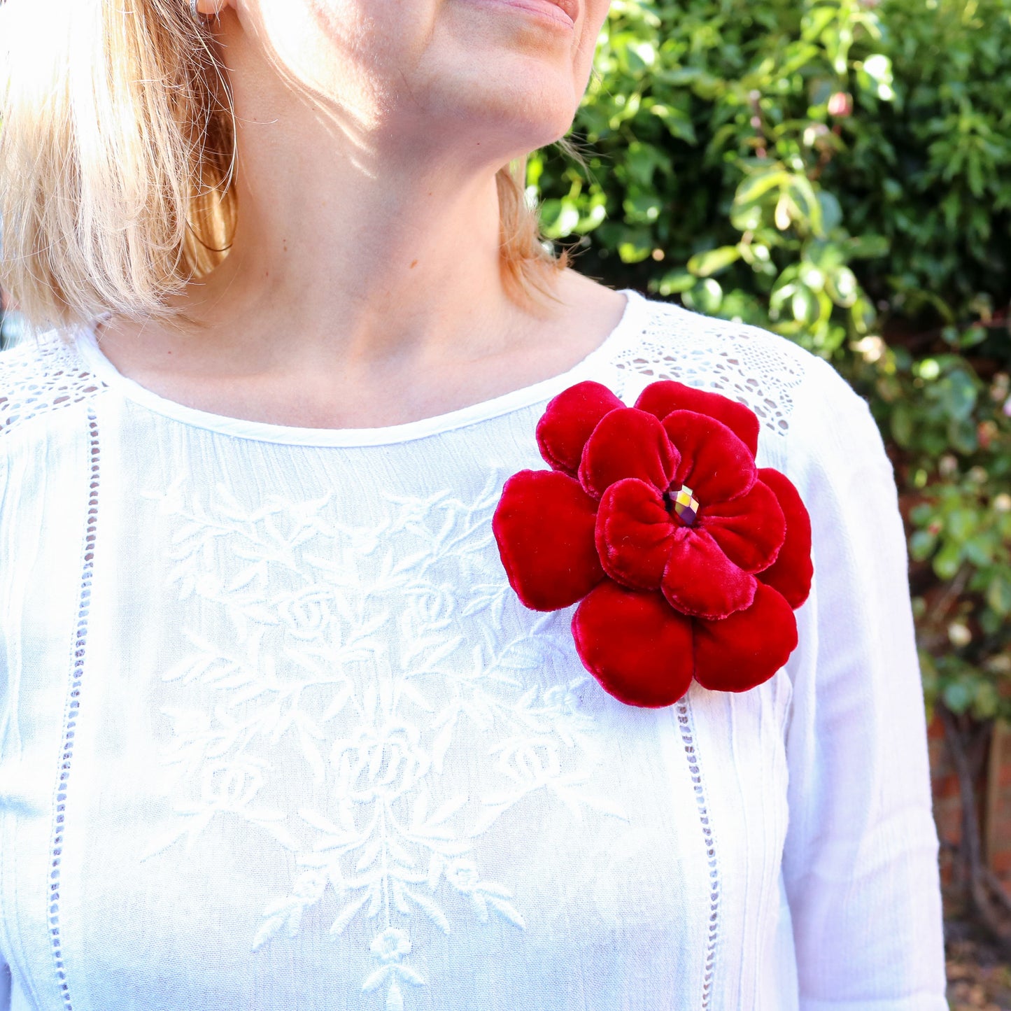 Red Velvet Flower Brooch — Handmade Elegance