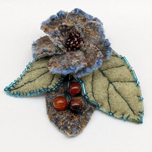 Handmade Blue and Green Wool Brooch with Glass Beads