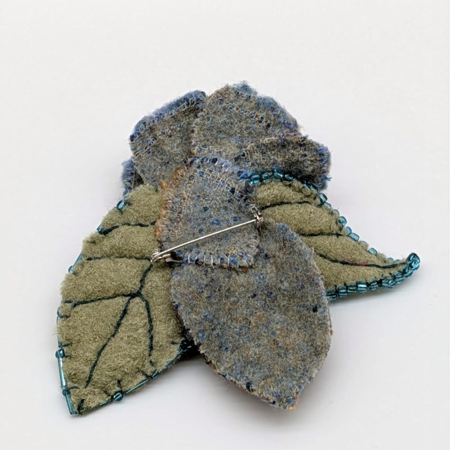 Handmade Blue and Green Wool Brooch with Glass Beads