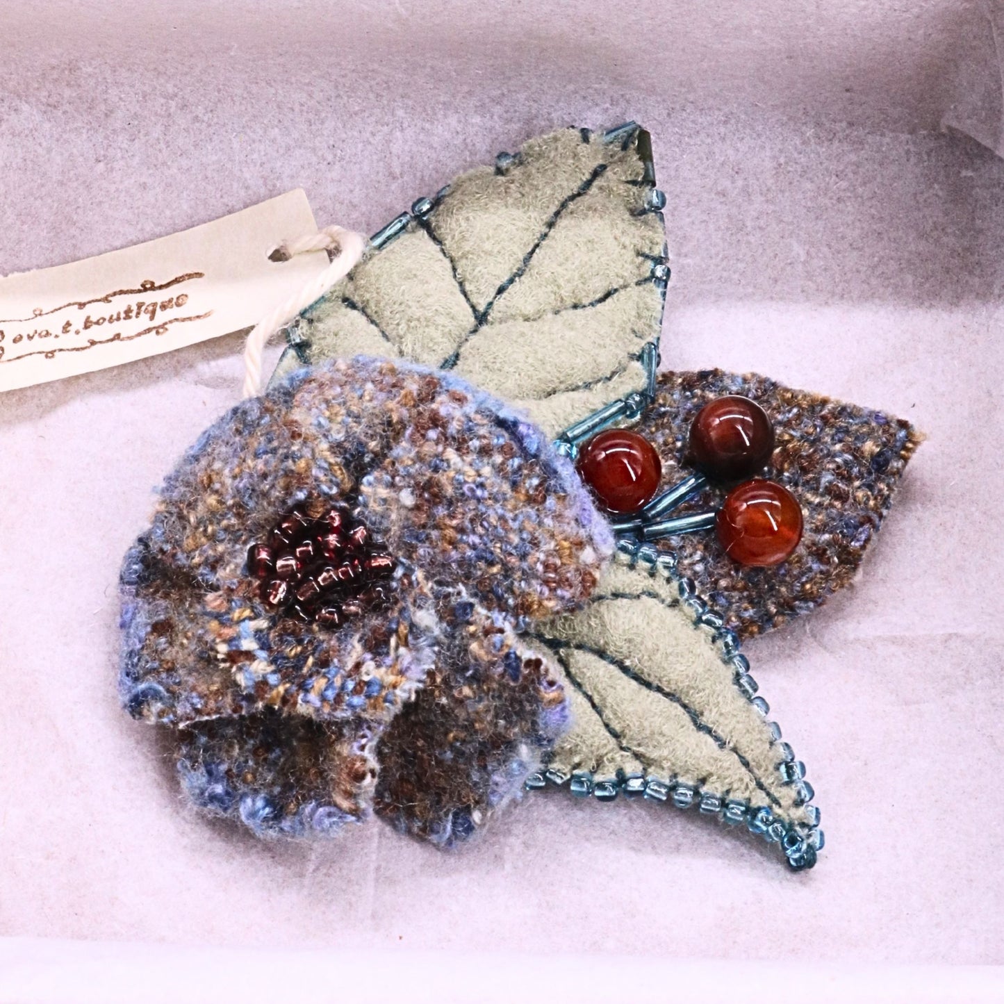 Handmade Blue and Green Wool Brooch with Glass Beads