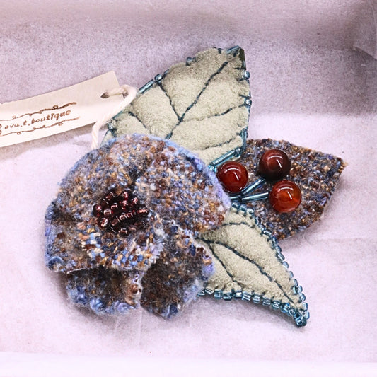 Handmade Blue and Green Wool Brooch with Glass Beads