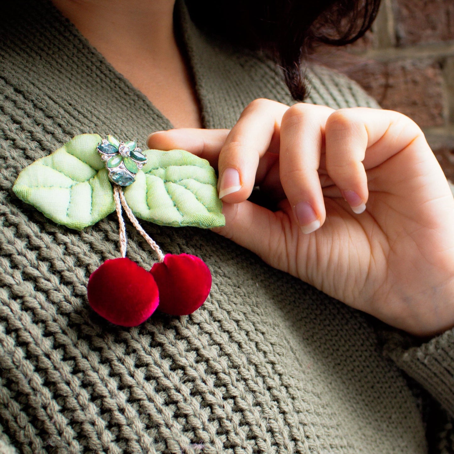 Cherry Velvet Brooch — Handmade Elegance