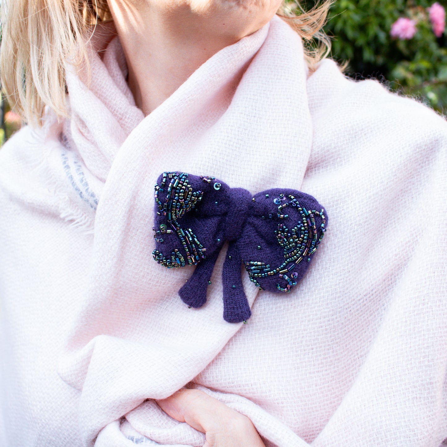 Purple Handmade Bow Brooch with Glass Beads