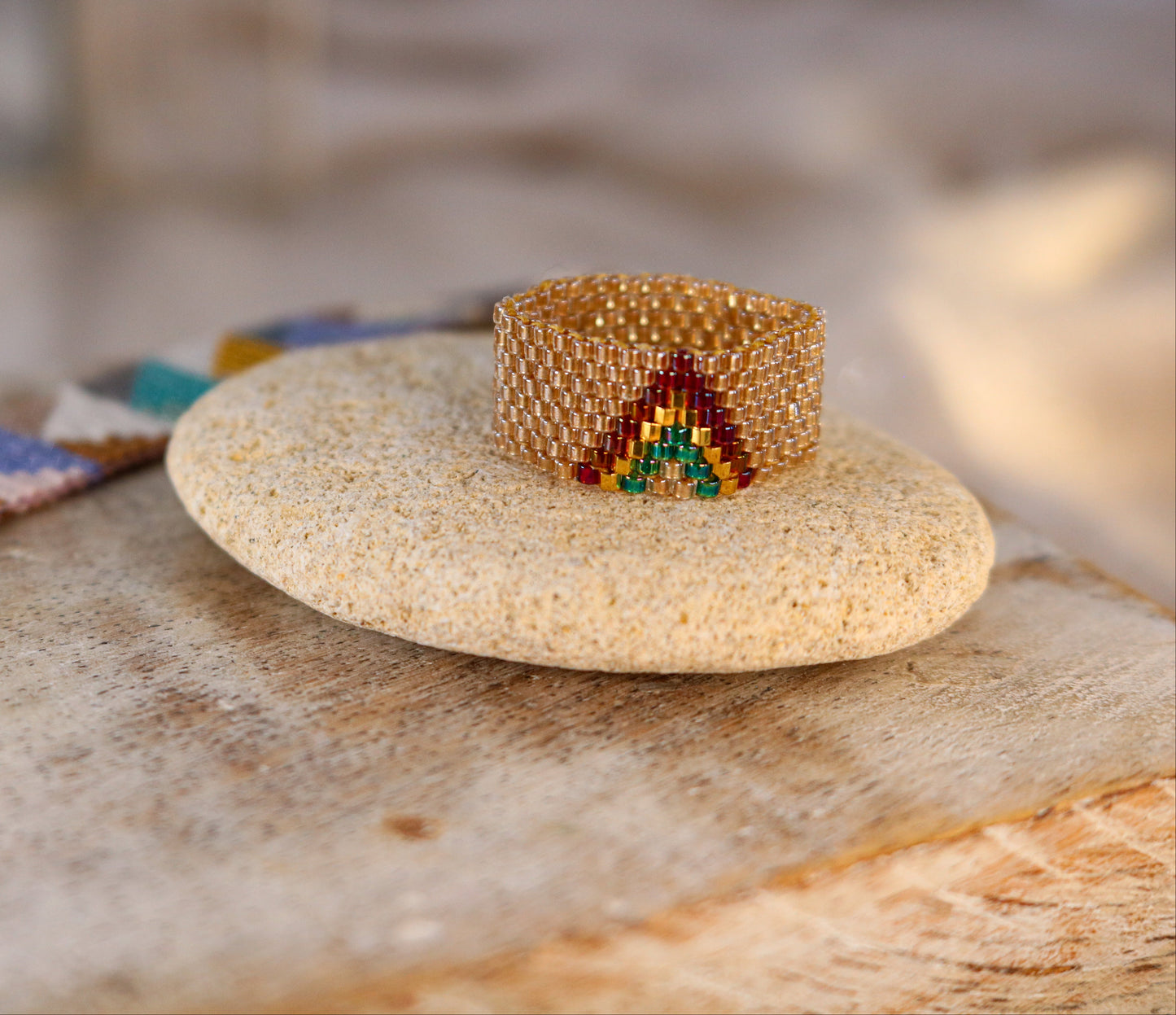 Miyuki Delica Ring – Gold/Yellow with Green and Burgundy