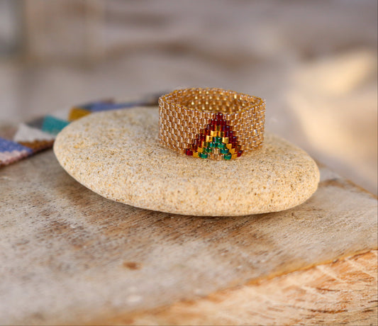 Miyuki Delica Ring – Gold/Yellow with Green and Burgundy